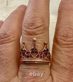Antique Crown Ring with Beautiful Tourmaline, Sapphire, Solid Silver / Rose Gold Vermeil