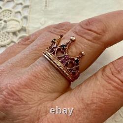 Antique Crown Ring with Beautiful Tourmaline, Sapphire, Solid Silver / Rose Gold Vermeil