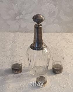 Antique Crystal Carafe in Solid Silver with 3 Crystal Glasses