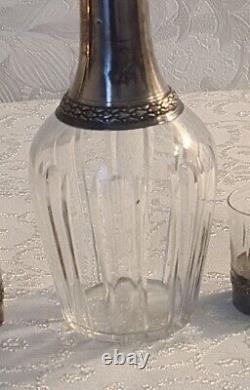 Antique Crystal Carafe in Solid Silver with 3 Crystal Glasses