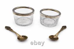 Antique Cut Crystal Salt Cellar Set with Silver Mounts + Vermeil Salt Spoons, 19th Century