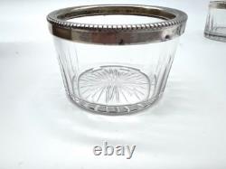 Antique Cut Crystal Salt Cellar Set with Silver Mounts + Vermeil Salt Spoons, 19th Century