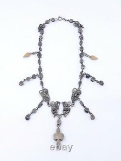 Antique Drapery Necklace In Solid Silver And Rhine Stones On 19th-century Paillon
