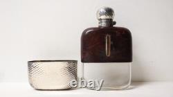 Antique English Hunting/Pocket Flask, Blown Glass, Leather, Solid Silver, 19th Century