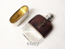 Antique English Hunting/Pocket Flask, Blown Glass, Leather, Solid Silver, 19th Century