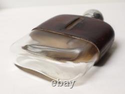 Antique English Hunting/Pocket Flask, Blown Glass, Leather, Solid Silver, 19th Century