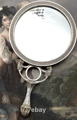 Antique Hand Mirror Solid Silver Dog Head Decoration