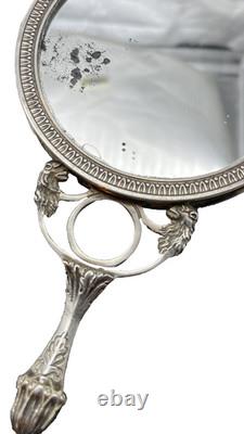 Antique Hand Mirror Solid Silver Dog Head Decoration
