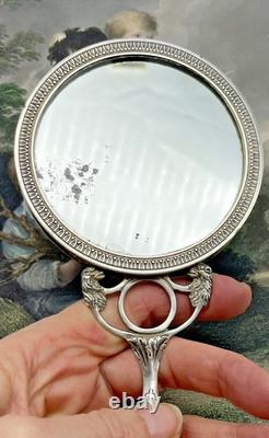 Antique Hand Mirror Solid Silver Dog Head Decoration