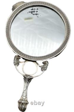 Antique Hand Mirror Solid Silver Dog Head Decoration