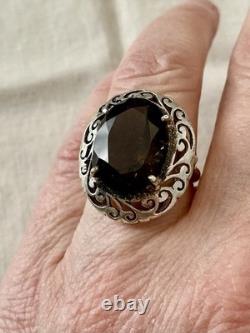 Antique Large Solid Silver Ring, Chiseled, Huge Smoky Topaz, Designer