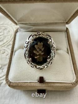 Antique Large Solid Silver Ring, Chiseled, Huge Smoky Topaz, Designer