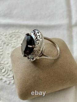 Antique Large Solid Silver Ring, Chiseled, Huge Smoky Topaz, Designer Antique Large Solid Silver Ring, Chiseled, Huge Smoky Topaz, Designer