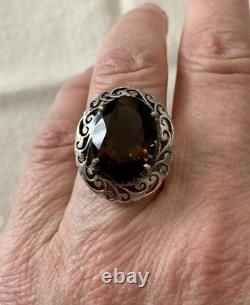 Antique Large Solid Silver Ring, Chiseled, Huge Smoky Topaz, Designer