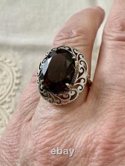 Antique Large Solid Silver Ring, Chiseled, Huge Smoky Topaz, Designer