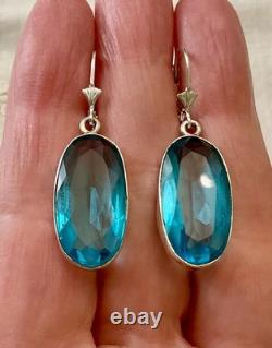 Antique Massive Silver Earrings Huge Natural Blue Topaz