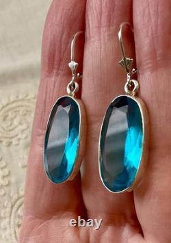 Antique Massive Silver Earrings Huge Natural Blue Topaz