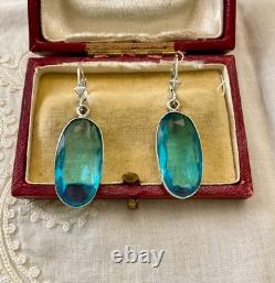 Antique Massive Silver Earrings Huge Natural Blue Topaz