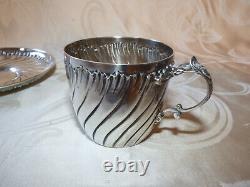Antique Monogrammed Solid Silver Cup and Saucer Minerva Hallmark Weight 130 gr