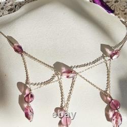 Antique Necklace Drapery Tassels Glass Pearls Lilac Color Silver 925 44cm