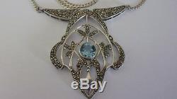 Antique Necklace In Solid Silver, Blue Stone And Marcasites