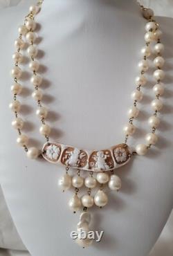 Antique Necklace Real Cameo Angel 2 Rows Real Pearls / Vermeil # K21