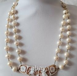 Antique Necklace Real Cameo Angel 2 Rows Real Pearls / Vermeil # K21
