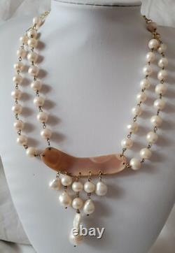 Antique Necklace Real Cameo Angel 2 Rows Real Pearls / Vermeil # K21
