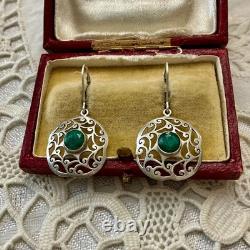 Antique Openwork Solid Silver Earrings with a Very Beautiful Emerald