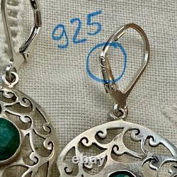 Antique Openwork Solid Silver Earrings with a Very Beautiful Emerald