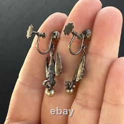 Antique Pair of Solid Silver Art Nouveau Swallow Drop Earrings