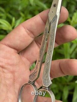 Antique Pair of Solid Silver Scissors with Grape Motif & Minerva & France & Silverware