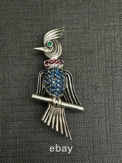 Antique Parrot-Shaped Brooch – Solid Silver with Blue and Red Stones