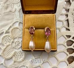 Antique Pink Tourmaline Pearl Solid Silver Vermeil Earrings