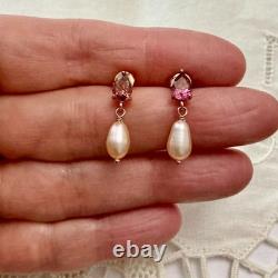 Antique Pink Tourmaline Pearl Solid Silver Vermeil Earrings