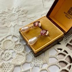 Antique Pink Tourmaline Pearl Solid Silver Vermeil Earrings