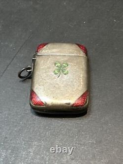 Antique Pyrogene Box Matchbox Silver Solid Art Nouveau Enamel Clover