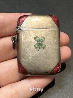 Antique Pyrogene Box Matchbox Silver Solid Art Nouveau Enamel Clover