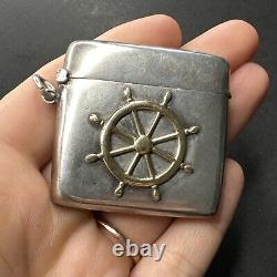 Antique Pyrogene Box Matchbox Solid Silver and 18k Gold 750 Steering Wheel