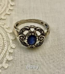 Antique Ring Beautiful Sapphire, White Topaz, and Solid Silver