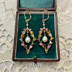 Antique Rose Gold / Solid Silver Earrings with Tourmalines and Pearl