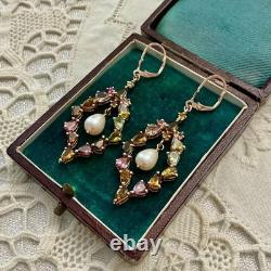 Antique Rose Gold / Solid Silver Earrings with Tourmalines and Pearl