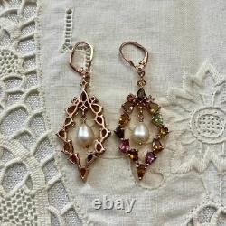 Antique Rose Gold / Solid Silver Earrings with Tourmalines and Pearl