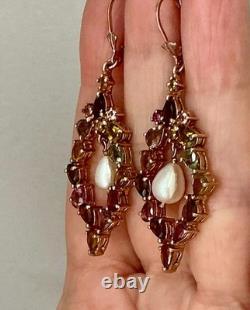 Antique Rose Gold / Solid Silver Earrings with Tourmalines and Pearl