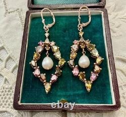 Antique Rose Gold / Solid Silver Earrings with Tourmalines and Pearl
