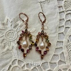Antique Rose Gold / Solid Silver Earrings with Tourmalines and Pearl