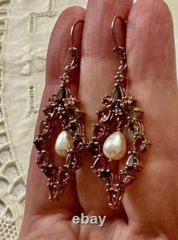 Antique Rose Gold / Solid Silver Earrings with Tourmalines and Pearl