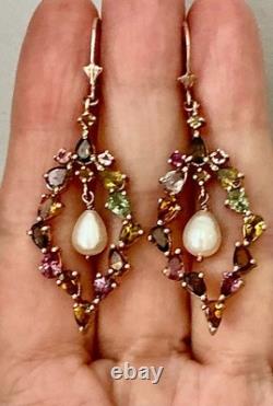 Antique Rose Gold / Solid Silver Earrings with Tourmalines and Pearl