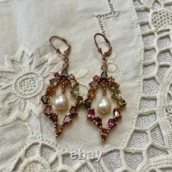 Antique Rose Gold / Solid Silver Earrings with Tourmalines and Pearl