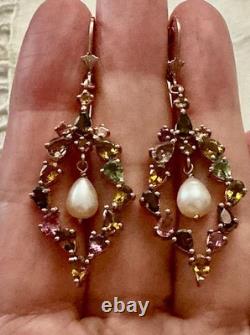 Antique Rose Gold / Solid Silver Earrings with Tourmalines and Pearl